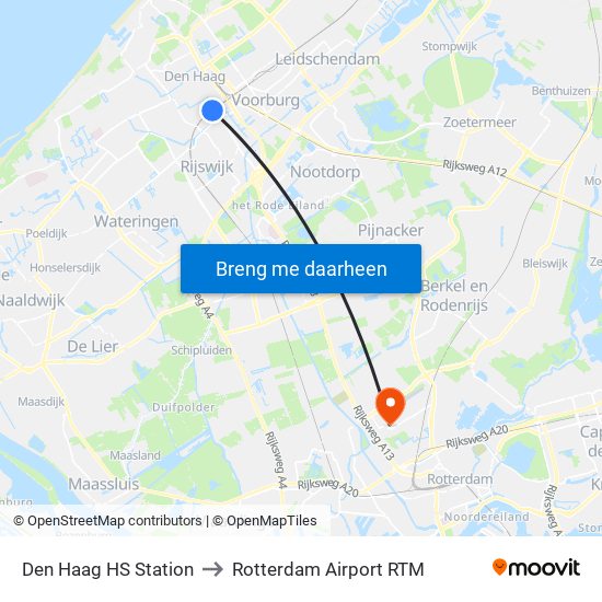 Den Haag HS Station to Rotterdam Airport RTM map