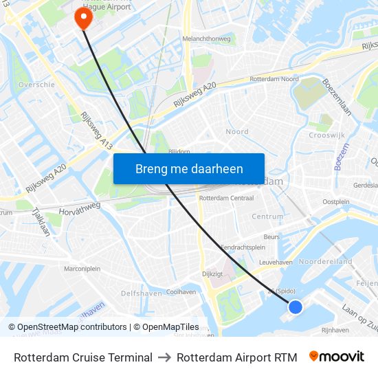 Rotterdam Cruise Terminal to Rotterdam Airport RTM map