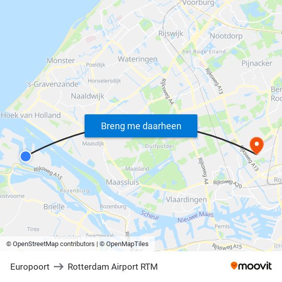 Europoort to Rotterdam Airport RTM map