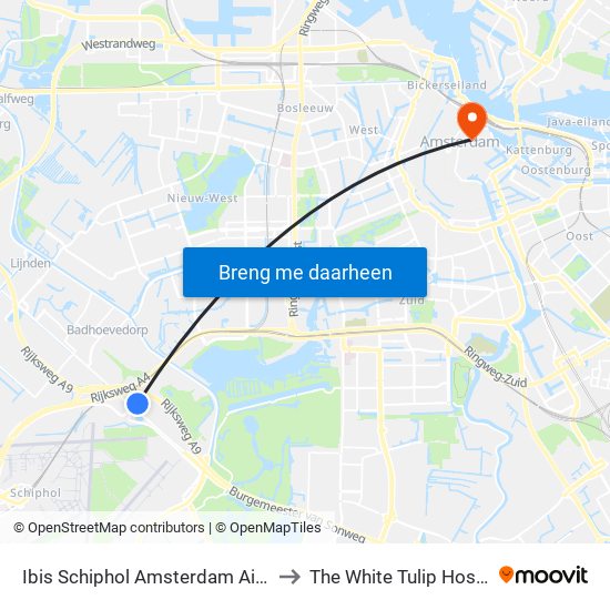 Ibis Schiphol Amsterdam Airport Badhoevedorp to The White Tulip Hostel Amsterdam map