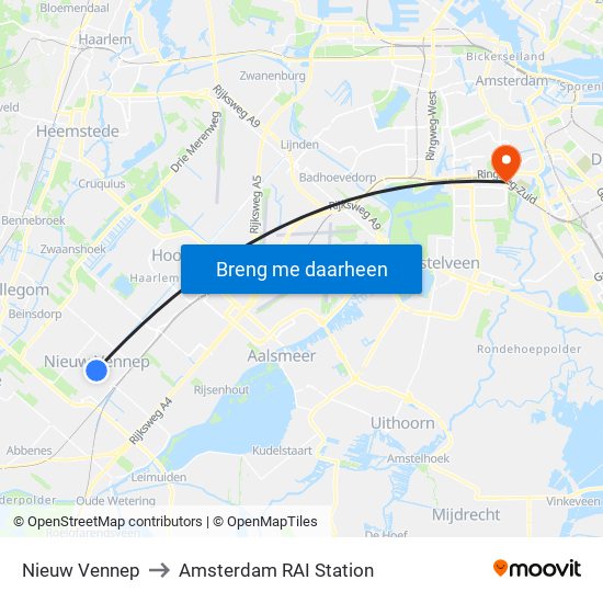 Nieuw Vennep to Amsterdam RAI Station map