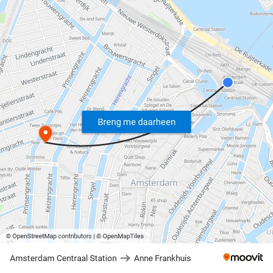 Amsterdam Centraal Station to Anne Frankhuis map