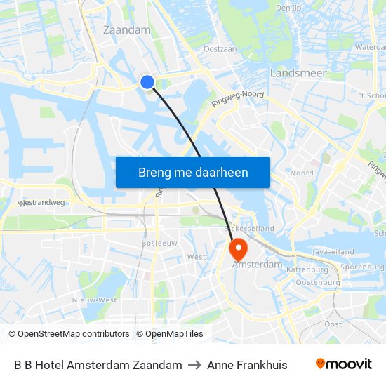 B B Hotel Amsterdam Zaandam to Anne Frankhuis map