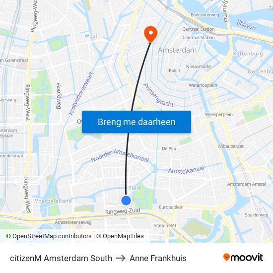 citizenM Amsterdam South to Anne Frankhuis map