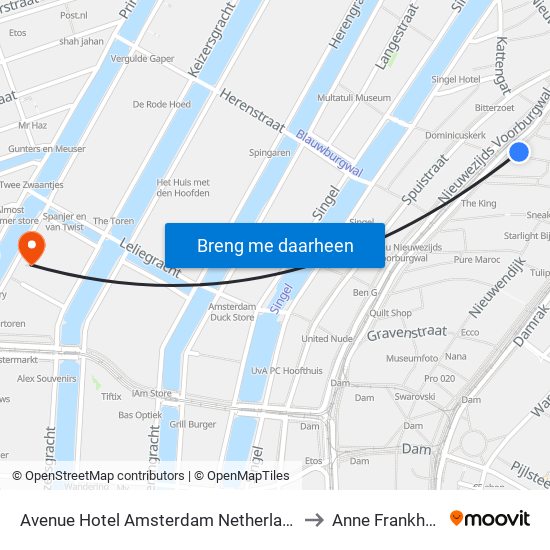 Avenue Hotel Amsterdam Netherlands to Anne Frankhuis map