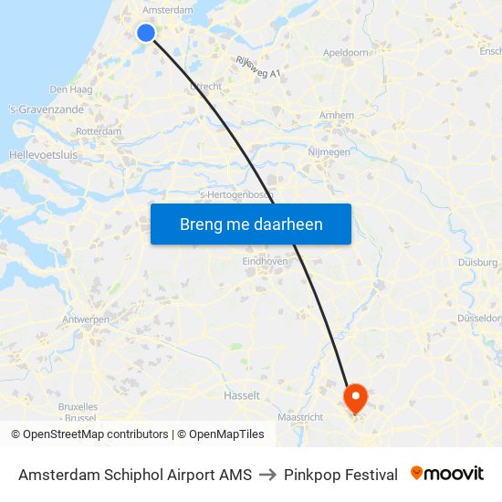 Amsterdam Schiphol Airport AMS to Pinkpop Festival map