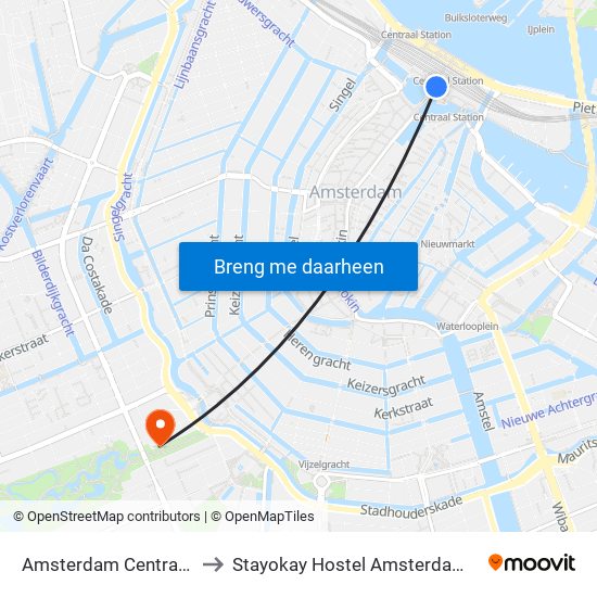 Amsterdam Centraal Station to Stayokay Hostel Amsterdam Vondelpark map