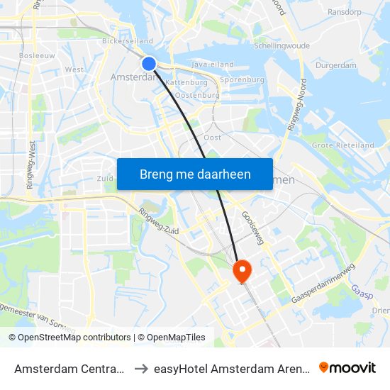 Amsterdam Centraal Station to easyHotel Amsterdam Arena Boulevard map