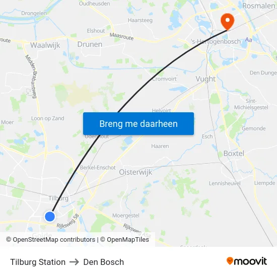 Tilburg Station to Den Bosch map