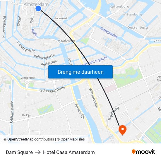 Dam Square to Hotel Casa Amsterdam map