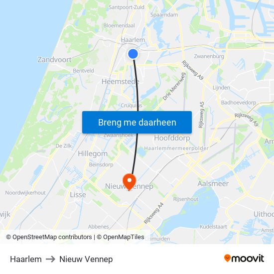 Haarlem to Nieuw Vennep map