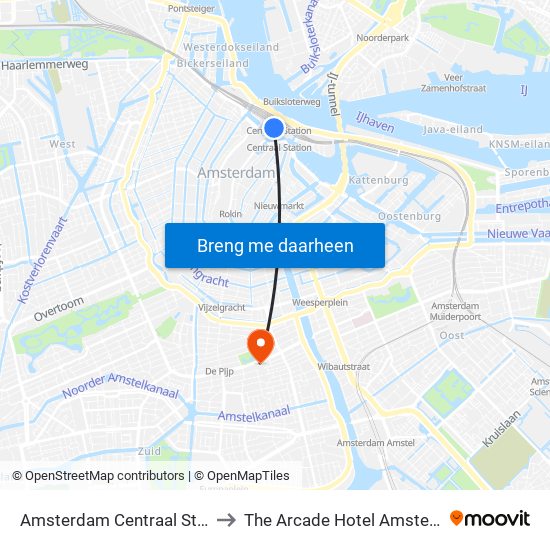 Amsterdam Centraal Station to The Arcade Hotel Amsterdam map