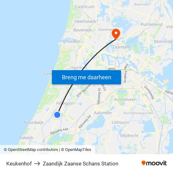 Keukenhof to Zaandijk Zaanse Schans Station map