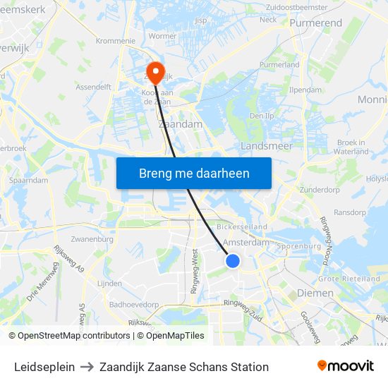 Leidseplein to Zaandijk Zaanse Schans Station map