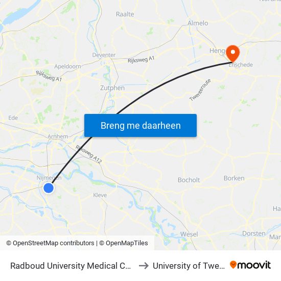 Radboud University Medical Center to University of Twente map