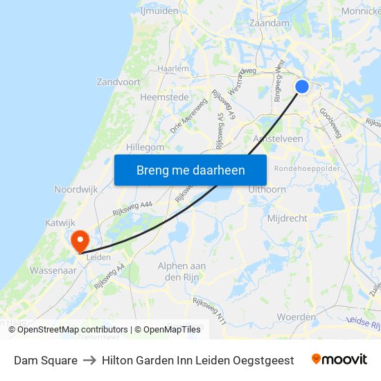 Dam Square to Hilton Garden Inn Leiden Oegstgeest map