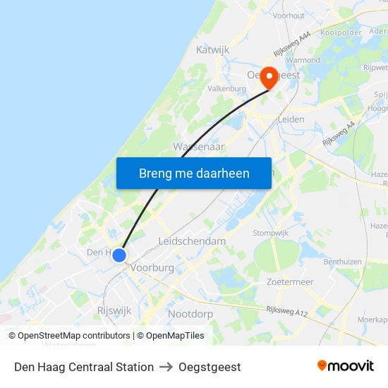 Den Haag Centraal Station to Oegstgeest map