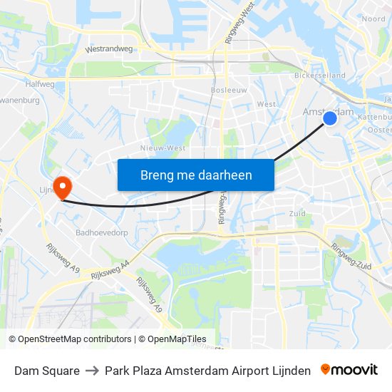 Dam Square to Park Plaza Amsterdam Airport Lijnden map