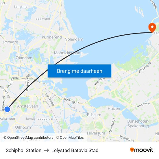 Schiphol Station to Lelystad Batavia Stad map