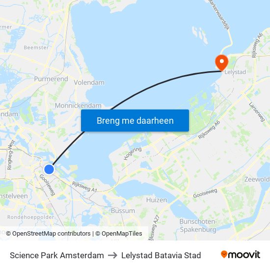 Science Park Amsterdam to Lelystad Batavia Stad map