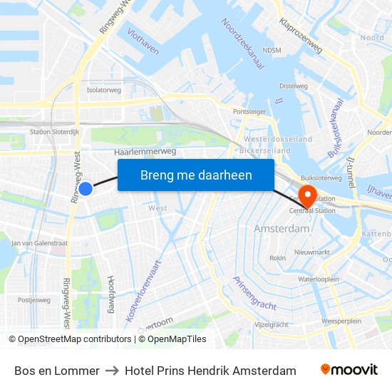 Bos en Lommer to Hotel Prins Hendrik Amsterdam map