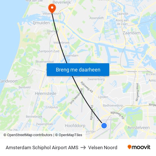 Amsterdam Schiphol Airport AMS to Velsen Noord map