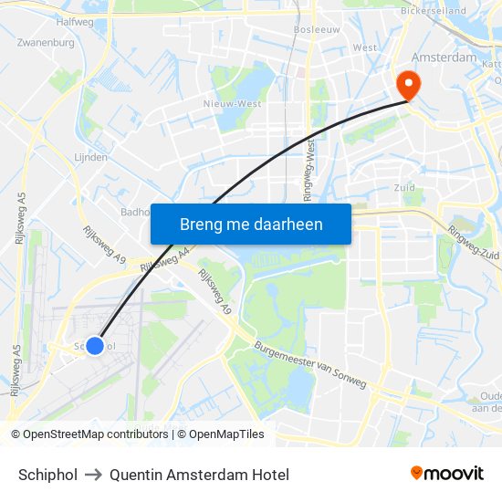 Schiphol to Quentin Amsterdam Hotel map