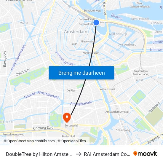 DoubleTree by Hilton Amsterdam Centraal Station to RAI Amsterdam Convention Centre map