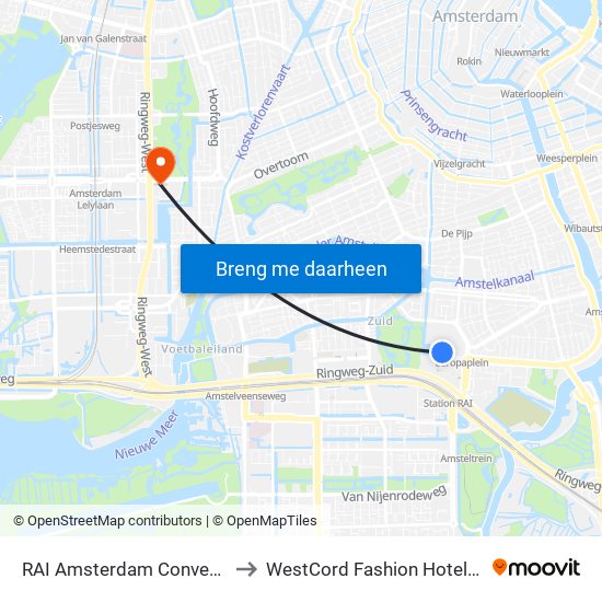 RAI Amsterdam Convention Centre to WestCord Fashion Hotel Amsterdam map