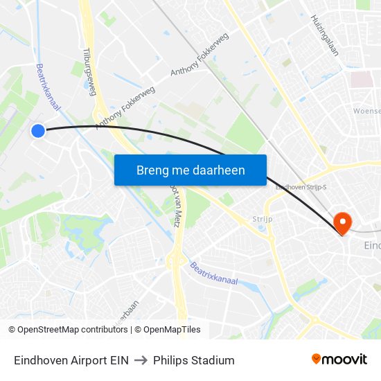 Eindhoven Airport EIN to Philips Stadium map