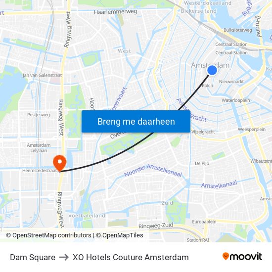 Dam Square to XO Hotels Couture Amsterdam map