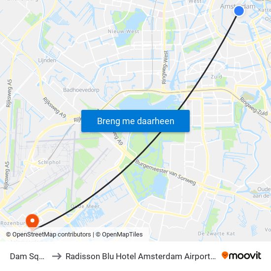 Dam Square to Radisson Blu Hotel Amsterdam Airport Schiphol map