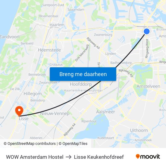 WOW Amsterdam Hostel to Lisse Keukenhofdreef map