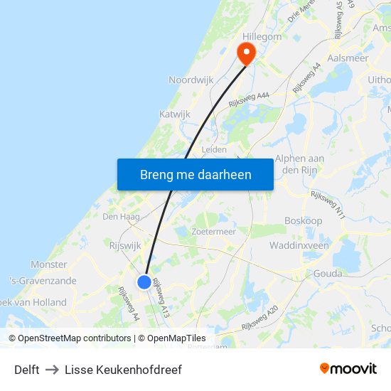 Delft to Lisse Keukenhofdreef map