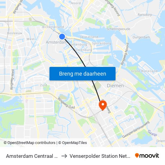 Amsterdam Centraal Station to Venserpolder Station Netherlands map