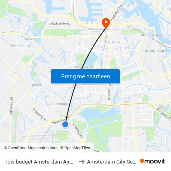 ibis budget Amsterdam Airport Badhoevedorp to Amsterdam City Center Sloterdijk map