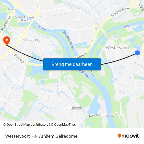 Westervoort to Arnhem Gelredome map