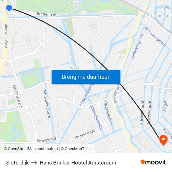 Sloterdijk to Hans Brinker Hostel Amsterdam map