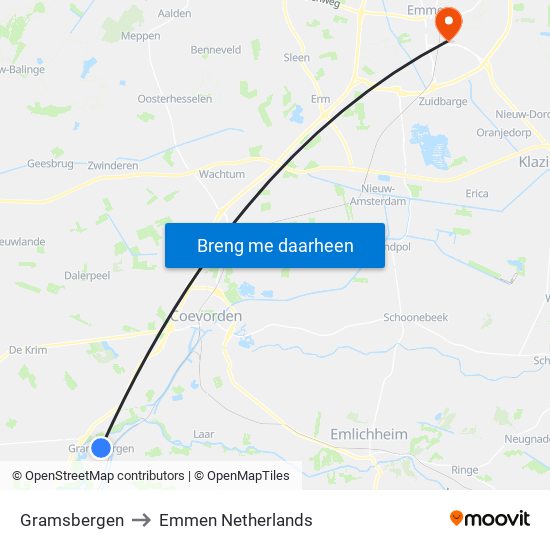 Gramsbergen to Emmen Netherlands map