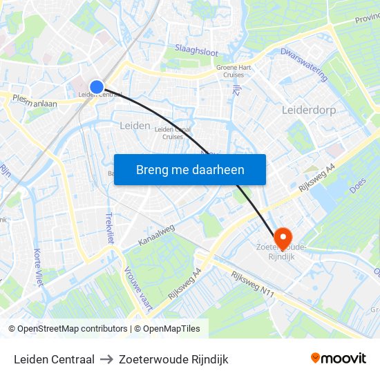 Leiden Centraal to Zoeterwoude Rijndijk map