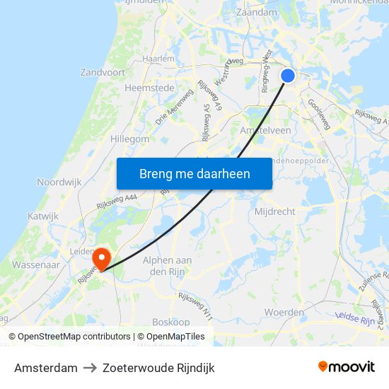 Amsterdam to Zoeterwoude Rijndijk map