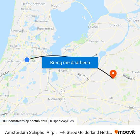 Amsterdam Schiphol Airport AMS to Stroe Gelderland Netherlands map