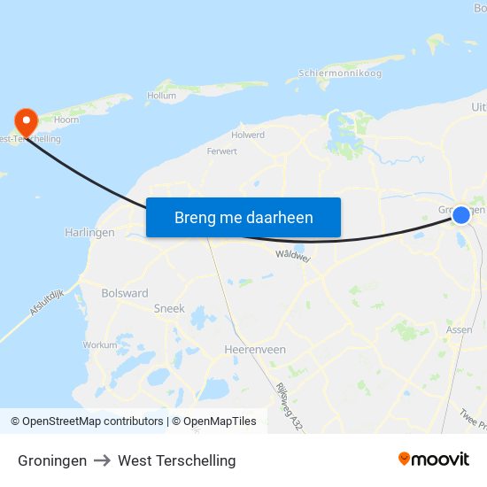 Groningen to West Terschelling map