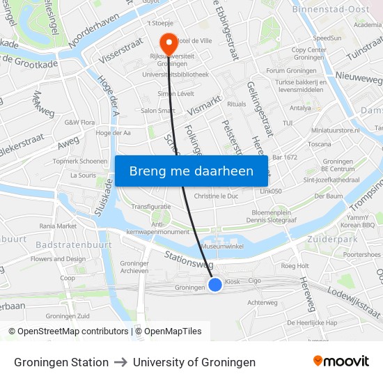 Groningen Station to University of Groningen map