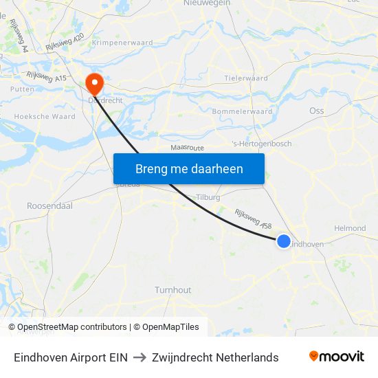 Eindhoven Airport EIN to Zwijndrecht Netherlands map