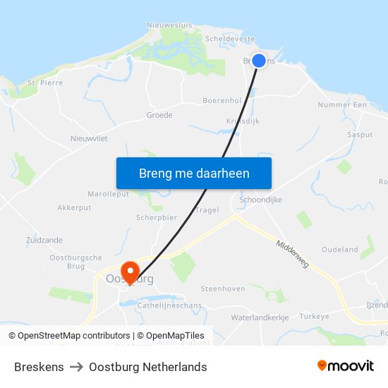 Breskens to Oostburg Netherlands map