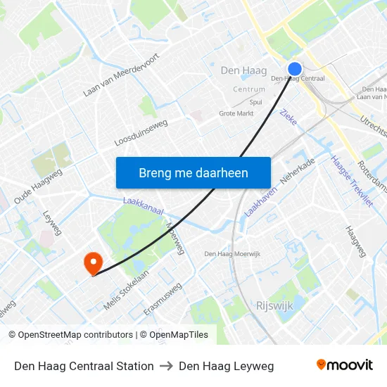Den Haag Centraal Station to Den Haag Leyweg map