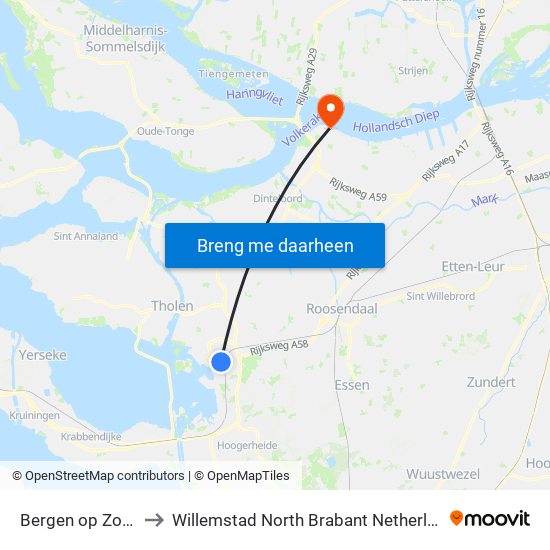 Bergen op Zoom to Willemstad North Brabant Netherlands map