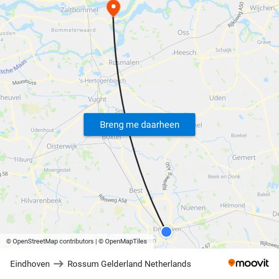 Eindhoven, Nieuwe Emmasingel 10 to Rossum Gelderland Netherlands map