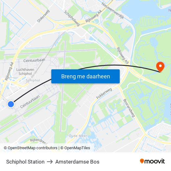 Schiphol Station to Amsterdamse Bos map